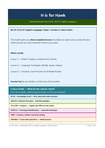 H is for Hawk — 38-Page Complete Teaching & Exam Practice Booklet