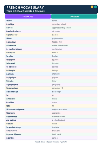 French school vocabulary resource featuring 100+ essential words,