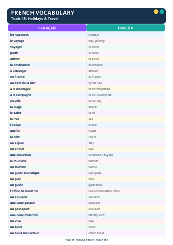 HOLIDAYS IN FRENCH VOCABULARY SHEET