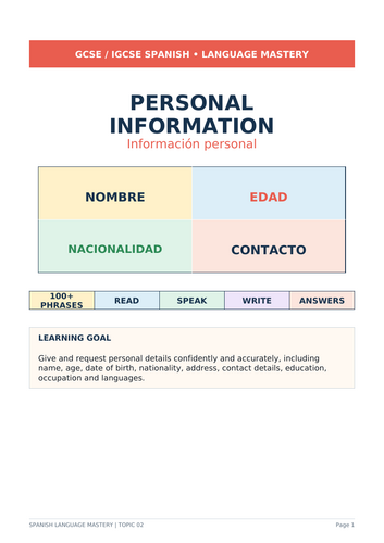 SPANISH personal information. Includes 100+ phrases
