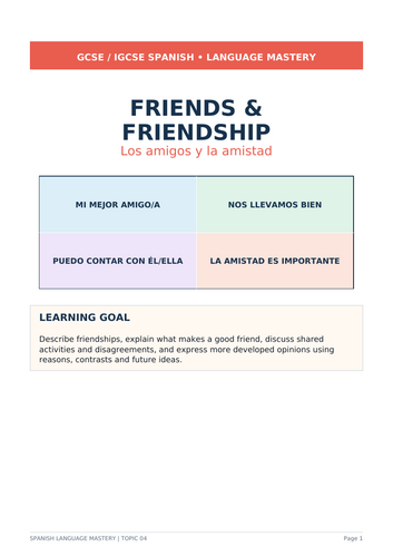 Spanish GCSE/IGCSE 16-page friends and friendship pack