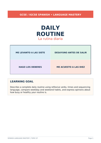 Spanish GCSE/IGCSE 16-page daily routine pack