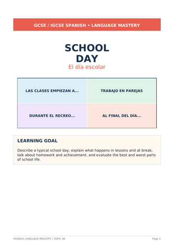 Spanish GCSE/IGCSE 16-page school day pack
