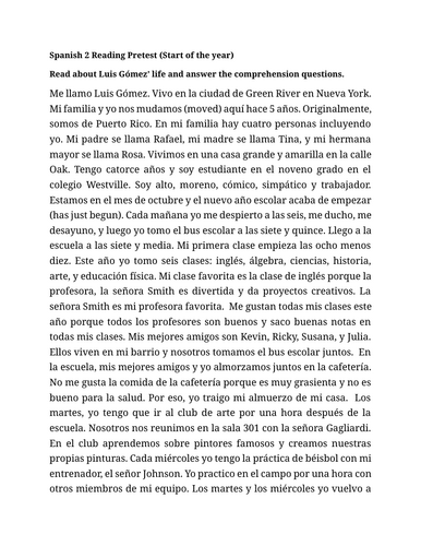 Spanish 2 Reading Pretest (Start of the year)