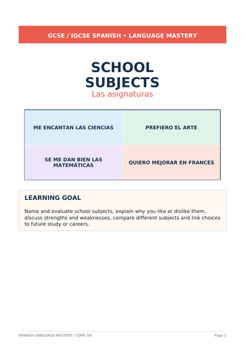 l Spanish GCSE/IGCSE 16-page school subjects pack f