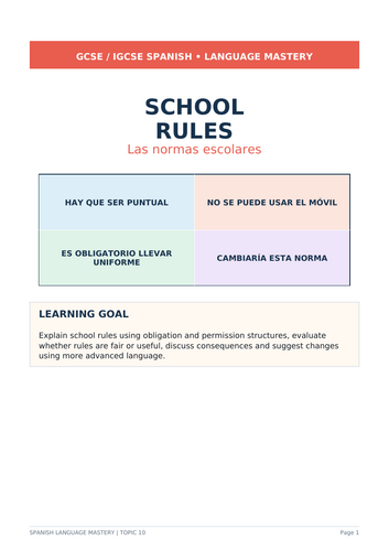 Spanish GCSE/IGCSE 16-page school rules pack