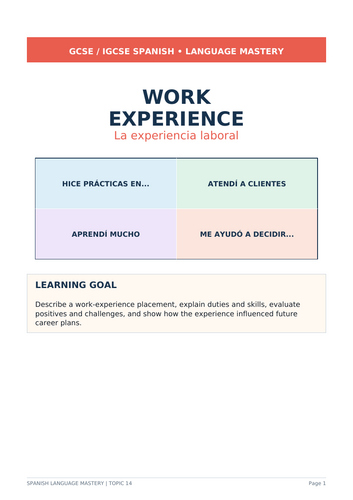 Spanish GCSE/IGCSE 16-page work experience pack