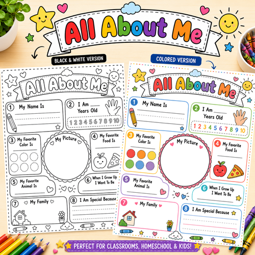 All About Me Poster, PreK Kindergarten About Me Kids classroom Activity Sheet