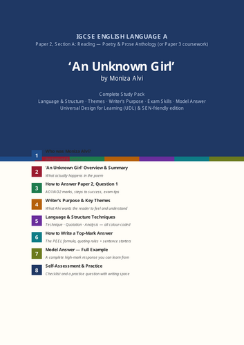 An Unknown Girl – Moniza Alvi | IGCSE English Literature Poetry Revision Pack | Paper 2