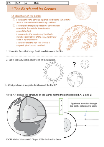 Cambridge IGCSE Marine Science 0697,Chapter 1 The Earth and its Ocean Worksheet with Outcomes answer