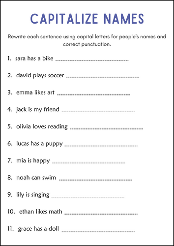 Capitalization and Punctuation Worksheets Editing Practice Grammar for Grade 1