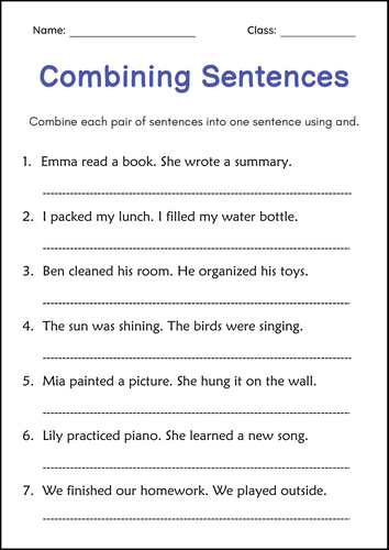 Combining Sentences Grammar Worksheets for Grade 2, 3, 4