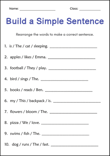 Simple Rearrange Sentences Grammar Worksheets for Grade 1, 2, 3