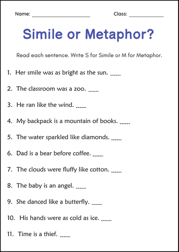 Similes and Metaphors Worksheets Figurative Language Practice for Grade 3, 4, 5