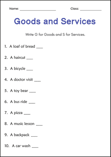 Printable Goods and Services Activity Worksheets for Grade 1, 2, 3