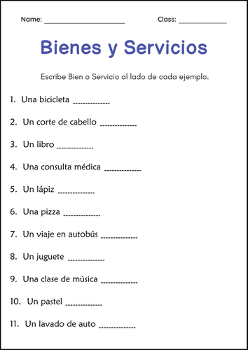 Bienes y Servicios - Goods and Services Worksheets in Spanish for Grade 1, 2, 3