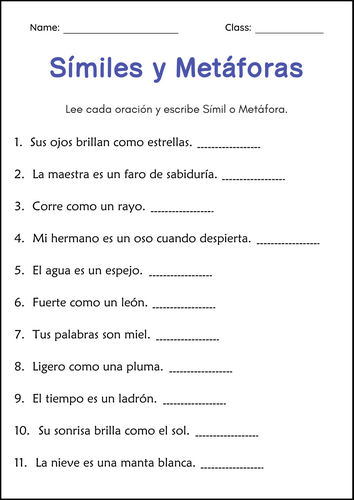 Símiles y Metáforas - Figurative Language Similes and Metaphors in Spanish