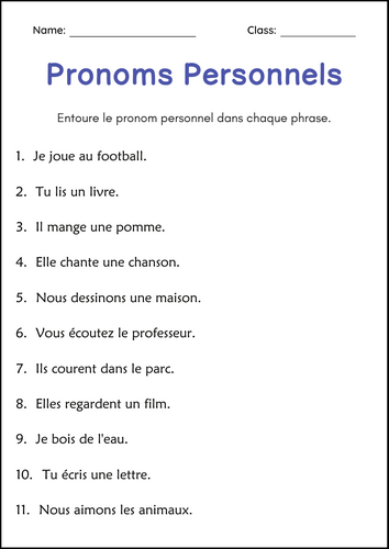 Pronoms personnels - Personal Pronouns Grammar Worksheets in French