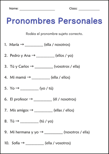 Pronombres Personales - Personal Pronouns Grammar Worksheets in Spanish