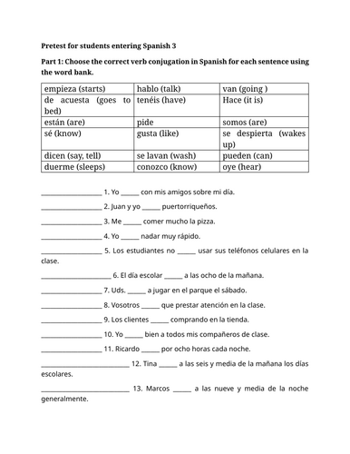 Pretest for students entering Spanish 3
