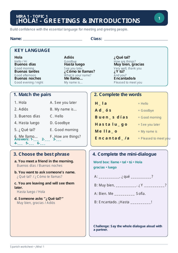 A colourful two-page Spanish worksheet introducing greetings