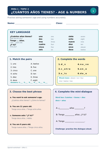 Spanish worksheet on age and numbers