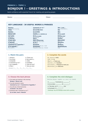 French worksheet for beginners covering Bonjour! – Greetings and Introductions