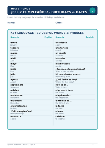 Spanish worksheet on birthdays, months and dates