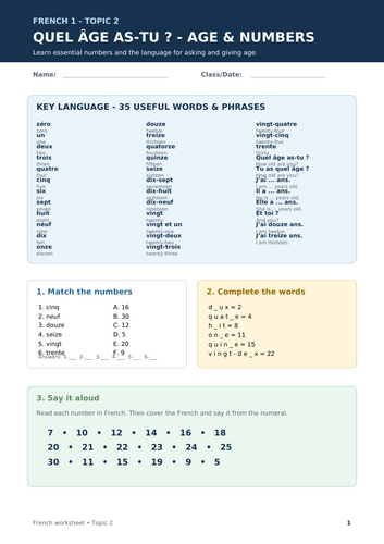 French worksheet focused on Quel âge as-tu ? – Age and Numbers