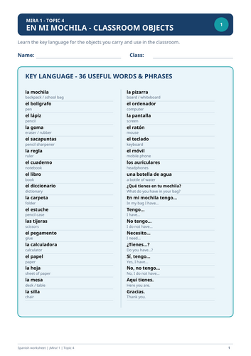 Spanish worksheet on classroom objects and school-bag vocabulary