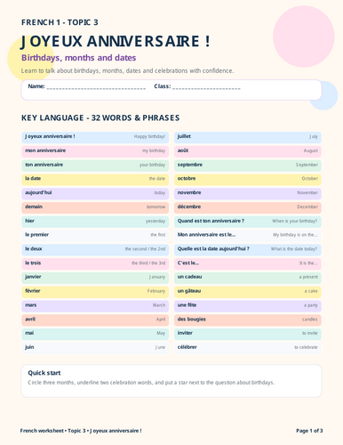 French worksheet covering birthdays, months and dates.