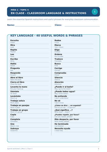 Spanish worksheet on classroom language and instructions
