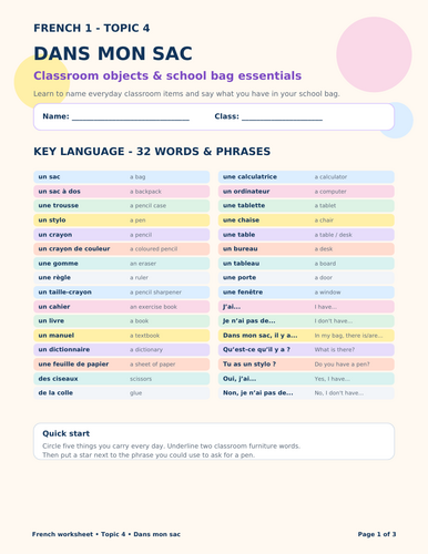 French worksheet covering classroom objects and school bag essentials.