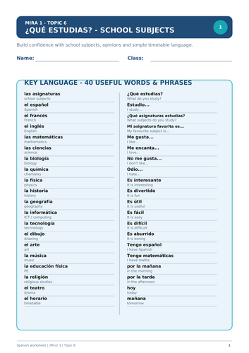 Spanish worksheet on school subjects