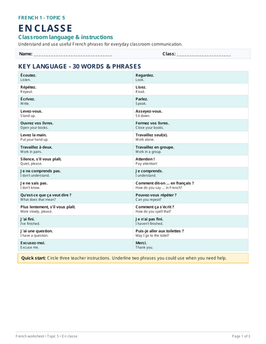 French worksheet covering classroom language and instructions