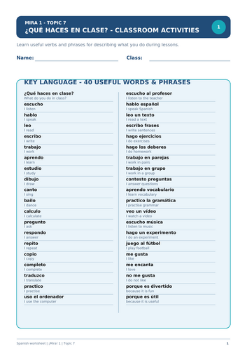 Spanish worksheet on classroom activities