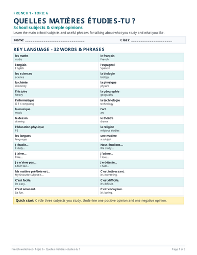 French worksheet covering school subjects