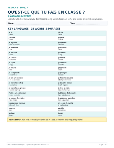 French worksheet covering classroom activities and present-tense phrases.