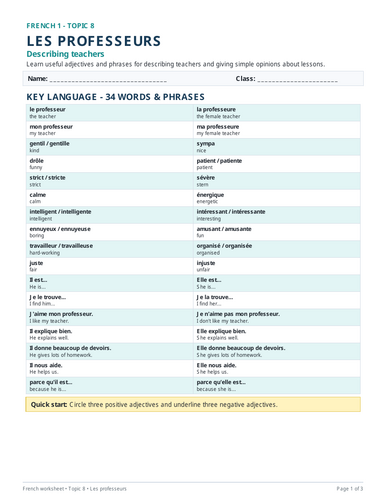 French worksheet covering teachers, personality adjectives and simple opinions.