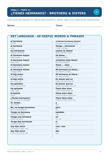 Spanish worksheet on brothers, sisters and sibling relationships