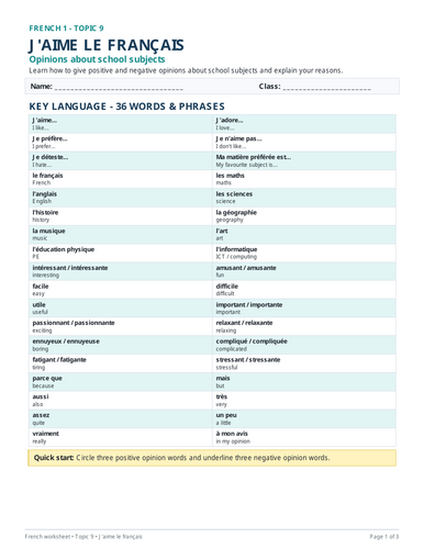 French worksheet covering opinions about school subjects