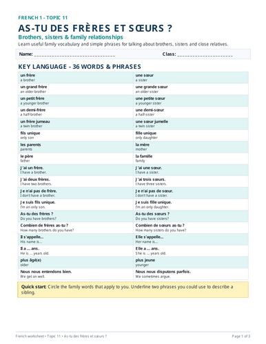 LA FAMILLE WORKSHEET