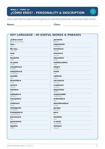 Spanish worksheet on personality and description-ADJECTIVES