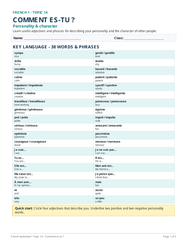 French worksheet covering personality and character descriptions.
