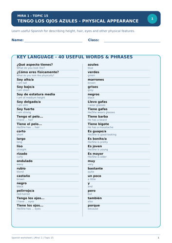 Spanish worksheet on physical appearance for Mira -adjectives