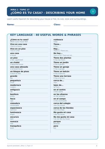 Spanish worksheet on describing homes