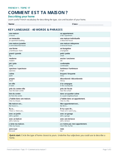 French worksheet covering homes, housing types and simple descriptions.