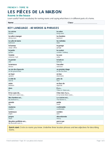 French worksheet covering rooms in the house and simple location phrases
