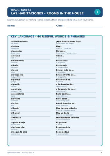 panish worksheet on rooms in the house