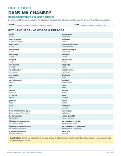 French worksheet covering bedroom furniture and location phrases